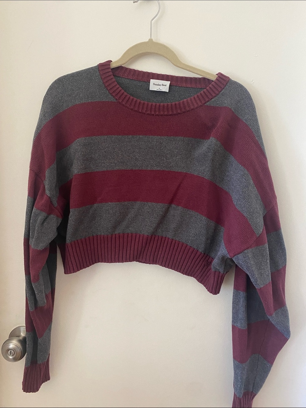 Sunday Best Burgundy and Gray Striped Cropped Crewneck Sweater
